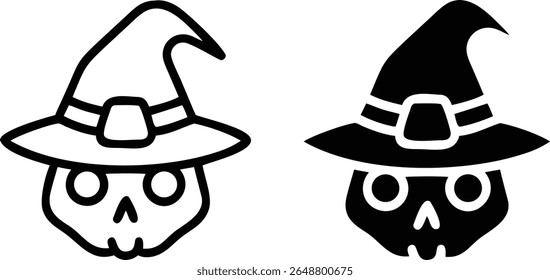 Conjunto de Ícones de Caveira de Chapéu de Bruxa, Ilustração de Vetor de Silhueta Mágica de Esqueleto de Halloween