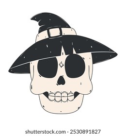 Witch hat skull illustration in black and white, Vector