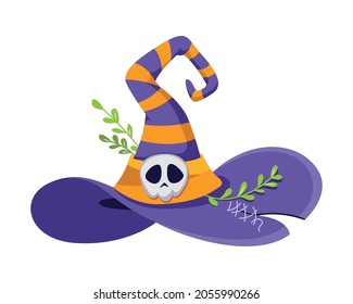 Witch hat with skull and plants for halloween. Cartoon vector illustration