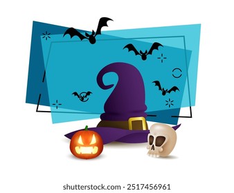 Witch hat, skull and pumpkin lantern. Halloween banner design with flying bats on abstract background. Vector illustration can be used for invitations, posters, postcards