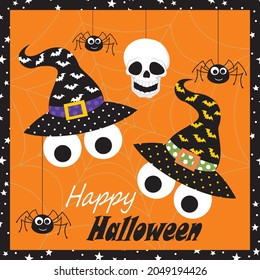 Witch hat, skull and spider for halloween greeting card