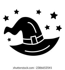 Witch hat solid icon, Halloween concept, evil costume sign on white background, Halloween wizard hat with stars icon in glyph style for mobile concept and web design. Vector graphics