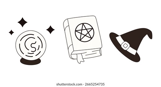 Sombrero de bruja, libro de hechizos, bola de cristal conjunto aislado sobre fondo blanco. Estilo Doodle. Elemento de fiesta de Halloween