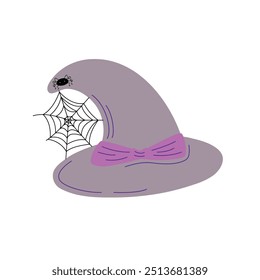 Sombrero de la bruja con la araña y la telaraña ropa festiva, accesorio mágico de lujo lindo dibujado a mano doodle ilustración simple, Clipart para la decoración del partido de Halloween, sombrero espeluznante del carácter de la historieta