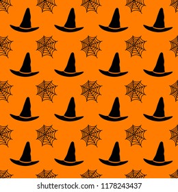 witch hat and spiderweb, orange and black seamless halloween style vector texture