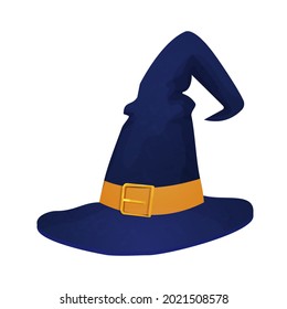Witch hat, spooky magic purple clothing in cartoon style isolated on white background. Halloween decoration, with gold element and ribbon.