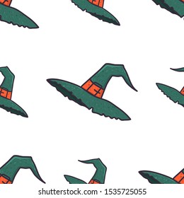 Witch hat spooky seamless pattern on white backdrop. Halloween costume element. Witch cartoon illustration. Vector design.