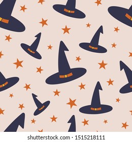 Witch hat and stars seamless repeat pattern.Halloween pattern.Happy Halloween background for wrapping paper.