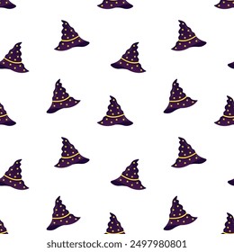 Witch hat with stars vector seamless pattern. Halloween background, packaging design, wrapping paper