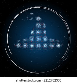 The witch hat symbol filled with white dots. Pointillism style. Some dots is red. Vector illustration on blue background with stars