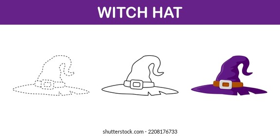 Witch Hat tracing and coloring worksheet for kids