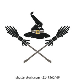 Witch hat with two crossed brooms. Halloween vector illustration isolated on the white background.