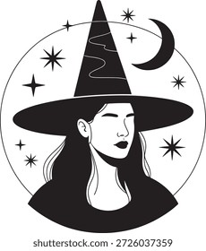 Hexe mit Hut unter Mond und Sternen, mystische Schwarz-Weiß-Illustration für okkulten Gebrauch