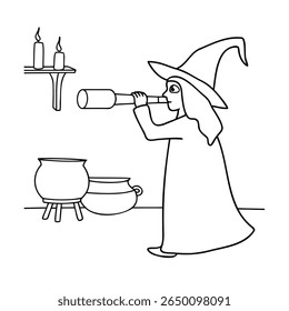 Witch in hat using telescope near cauldron candles halloween