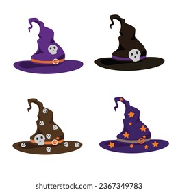 Witch hat vector illustration. Witch hat with different colors and styles. Happy halloween clip art. Flat vector in cartoon style isolated on white background.