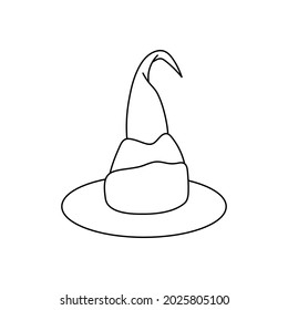 Witch hat vector illustration in doodle style. Hand drawn wizard cap for holiday Halloween. Black icon isolated on white background. Scary silhouette magician hat. Accessory for party on Halloween