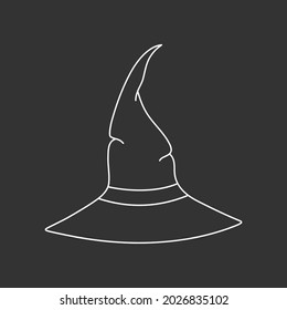 Witch hat vector illustration in doodle style. Hand drawn wizard cap for holiday Halloween. White icon isolated on black background. Scary silhouette magician hat. Accessory for party on Halloween