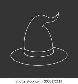 Witch hat vector illustration in doodle style. Hand drawn wizard cap for holiday Halloween. White icon isolated on black background. Scary silhouette magician hat. Accessory for party on Halloween