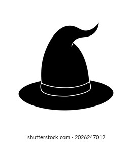 Witch hat vector illustration in simple style. Hand drawn wizard cap for holiday Halloween. Black icon isolated on white background. Scary silhouette magician hat. Accessory for party on Halloween