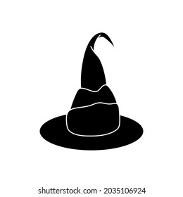 Witch hat vector illustration in simple style. Hand drawn wizard cap for holiday Halloween. Black icon isolated on a white background. Scary silhouette magician hat. Accessory for party on Halloween