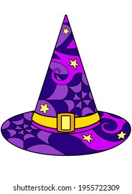 Witch hat - vector linear color illustration. Halloween illustration with pointed hat - multicolored stained glass or batik. Picture for printing on glass and other transparent materials. mosaic