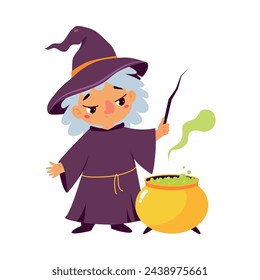 Witch in Hat with Wand at Boiling Cauldron as Fairy Tale Character Vector Illustration