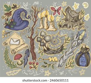 Witch hat watercolor hand drawn forest fairy tale mushrooms and leaves witchcraft magic on a white background separately cartoon