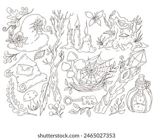 
Witch hat watercolor hand drawn forest fairy tale mushrooms and leaves witchcraft magic on a white background separately cartoon