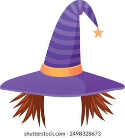 Witch hat and wig. Costume party accessory cartoon icon isolated on white background