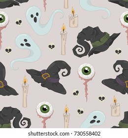 witch hat witchcraft ghost eyeball candle seamless pattern