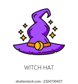 Witch hat witchcraft and magic icon. Isolated vector mysterious and enchanting purple linear cap sign, Sorcery and wizardry symbol of supernatural powers and spellcasting, with mystical aura