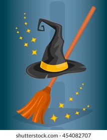 Witch Hat Or Wizard Hat And Broom Witch Vector Illustration.