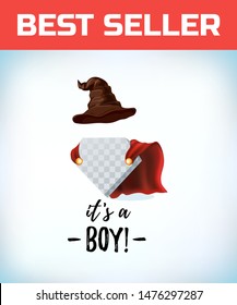 Witch hat. Wizard cone. Its a boy in vintage style. Comic style. Cartoon Vector illustration.