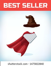 witch hat. Wizard cone. Masquerade costume headdress. Carnival or Halloween mask. Cartoon Vector illustration. Red cape