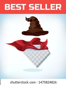 witch hat. Wizard cone. Masquerade costume headdress. Carnival or Halloween mask. Cartoon Vector illustration. Red cape