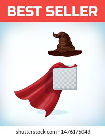 witch hat. Wizard cone. Masquerade costume headdress. Carnival or Halloween mask. Cartoon Vector illustration. Red cape