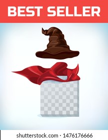 witch hat. Wizard cone. Masquerade costume headdress. Carnival or Halloween mask. Cartoon Vector illustration. Red cape