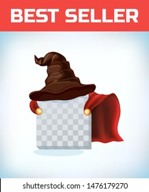 witch hat. Wizard cone. Masquerade costume headdress. Carnival or Halloween mask. Cartoon Vector illustration. Red cape