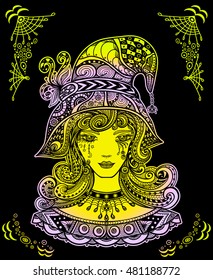 Witch in hat in Zen doodle or  tangle decorative style handmade black on white for Halloween or for coloring page or relax coloring book for adults, wallpaper, packages, clothes or Masquerade image