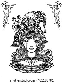 Witch in hat in Zen doodle or  Zen tangle decorative style handmade black on white for Halloween or for coloring page or relax coloring book for adults, wallpaper, packages and clothes