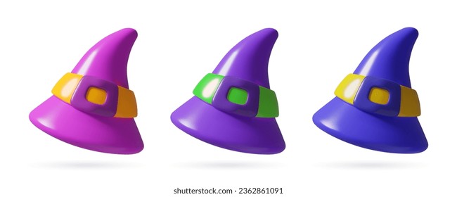 Witch hats 3d vector icons set. Different color cute plastic wizard caps with belt. Halloween costume element on white background.