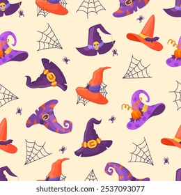 Sombreros de bruja de fondo. Patrón sin costuras de Web de arañas de sombrero de mago. Accesorios de disfraces festivos de Halloween. Símbolos de las fiestas de otoño Vector neoteric impresión