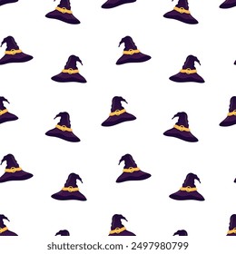 Witch hats with belt vector seamless pattern. Halloween background, packaging design, wrapping paper