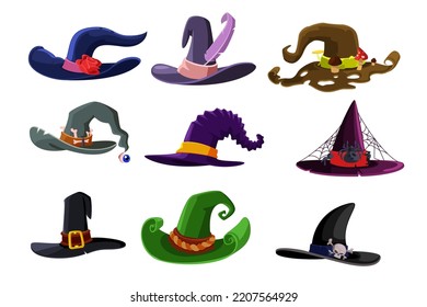 Witch Hats Cartoon Illustration Set. Halloween Carnival Headdress Or Costume Elements, Magician, Wizard, Sorcerer Hat. Holiday, Party, Masquerade, Witchcraft, Fantasy Concept