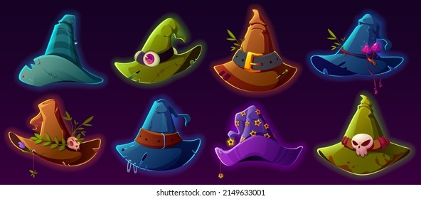 Witch hats cartoon vector set. Wizard headwear, magician caps decorated with mushrooms, plant branches, leaves, eyeball or star. Halloween party costume for sorceress or astrologer isolated collection