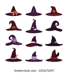 Witch hats collection isolated on white background. A set of items for Halloween. Vector illustration in the style of flat.