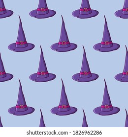 Witch hats color seamless pattern. Hand drawn doodle cartoon elements of Halloween celebration.  Vector colorful illustration.