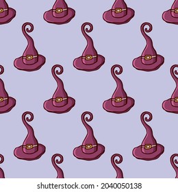 Witch hats color seamless pattern. Hand drawn doodle cartoon elements of Halloween celebration.  Vector colorful illustration.
