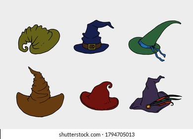 Witch hats color set isolated on white background. Doodle style line vector illustrations. Hand drawn Halloween, witches and wizards traditional symbols for cards, poster, invitation design.