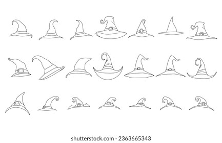 Witch hats in doodle style collection isolated on white background. Hand drawn outline Halloween hats. Vector illustration.